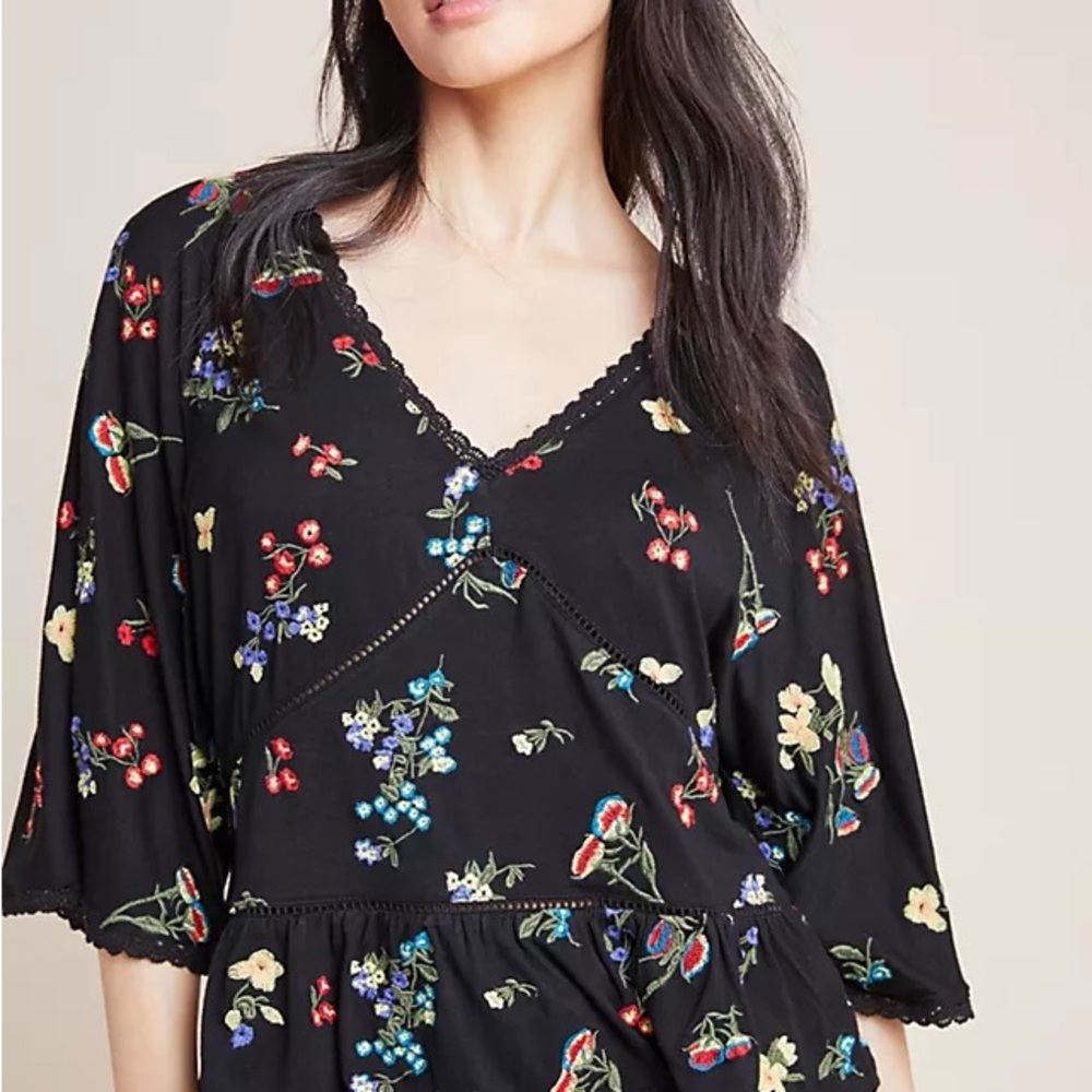 Anthropologie Parvati Embroidered Blouse Womens XS Ruffle Black Floral Boho